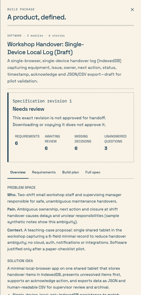 The actual generated Workshop Handover package open in Synatrail’s Overview tab.